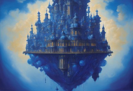 award winning painting of a floating castle in the air, epic composition, detailed, parts made of deep blue crystal,  intricate, the greatest painting ever
