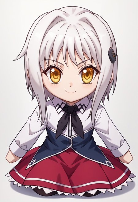 score_9, score_8_up, score_7_up, source_anime, 1girl, koneko toujou, short hair, hair ornament, yellow eyes, white hair, skirt, school uniform, shirt, white shirt, collared shirt, neckerchief, black neckerchief, long sleeves, red skirt, plushieSDXL, solo, chibi, white background, sitting, smile
