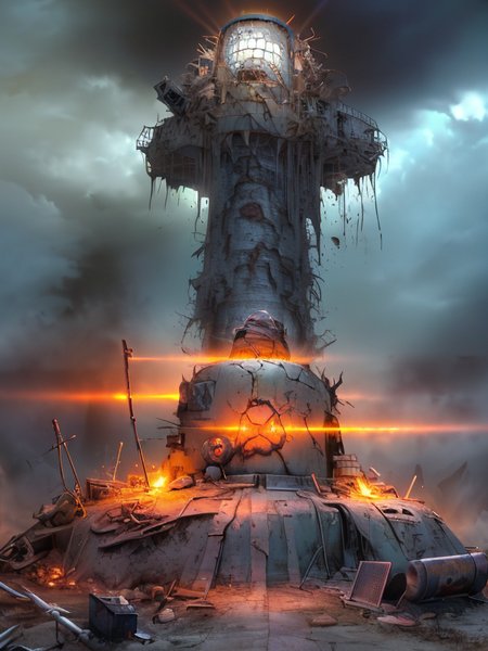 (Pui),(UHD:1.1), (nsfw:1.3), 
(detailed background visible:1.2),
(Photorealistic:1.2),
large cylindrical (nuclear) container on a hill in front of a destroyed city, (luminescent painting), (dim lighting), glowing LED, danger, nuclear hazard symbol, 
 <lora:Wasteland:1> Wasteland, the, and, with, wasteland, background,
(hyper detailed:1.2), 
(Style: subsurface scattering, analog style, realistic, film photography, highres photo, cinematic Lighting, trending on artstation, ((high quality:1.2, masterpiece:1.2)), (8k resolution),)