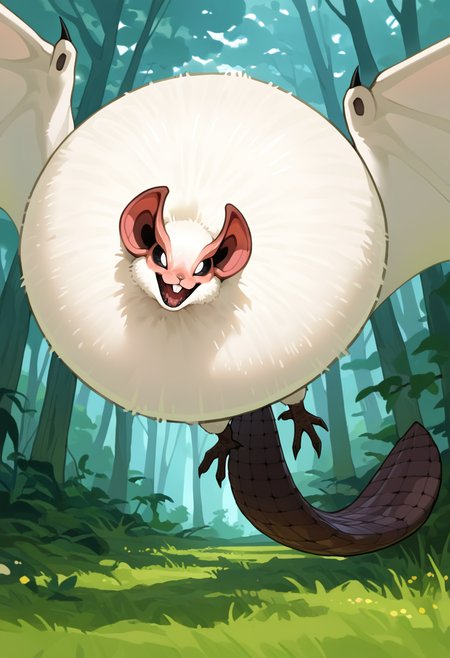 <lora:MH_Paolumu_a1_13_NoobXL-eps:1>,<lora:EatSleep1111StyleSDXL11:0.7>,<lora:merrytailSDXLstyle:0.3>,eatsleep1111,merrytail,masterpiece,best quality,amazing quality,high quality,very aesthetic,absurdres,newest,shaded,digital media \(artwork\),depth of field,solo,mhplmu,feral,detailed background,white eyes,black sclera,three-quarter view,pose,tail,forest,(large neck tuft:1.3),winged arms,buckteeth,white fur,brown scales,flying,open mouth,