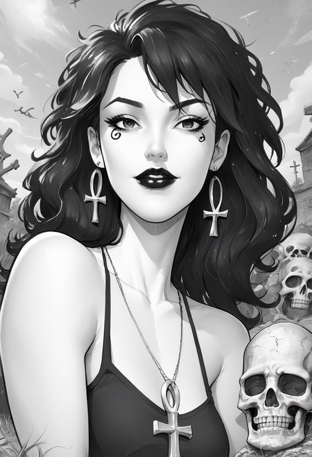 dsk_death, 1girl, earrings, jewelry, necklace, ankh necklace, monochrome, traditional media, sketch, black lips, cross earrings, long hair, lipstick, makeup, skull, looking at viewer, comic art style, death_of_the_endless\(sandman\), greyscale, monochrome, cinematic angle, cinematic lighting, BREAK zPDXL2 PonyXLV6_Scores