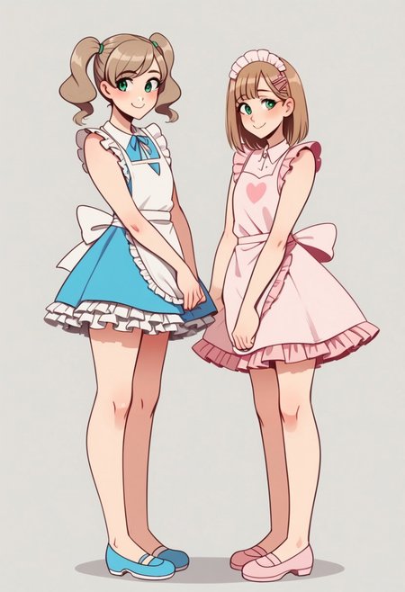 femboy, pink highlight, diaper, diaper under skirt, shoulder length hair, light brown hair, androgynous, blush, smile, adult, 22 years old, source_anime, pigtails, green eyes, only 1 boy, wearing dr3ss, satin maid outfit, short poofy voluminous skirt, frills, apron, petticoat