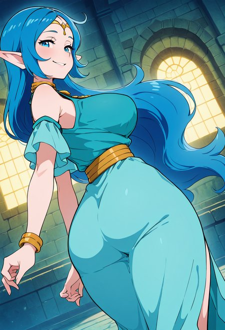 masterpiece, best quality, solo, curvy, beautiful eyes, narrow waist, wide hips, 1girl, solo, smile, looking at viewer, foreshortening, close up, anime screenshot,    zzNayru, blue eyes, blue hair, bare shoulders, jewelry, very long hair, blue dress, elf, circlet, large breasts, ,<lora:NayruZelda_IXL_v2:1.0>,over the shoulder, cowboy shot, smirk, looking back,  looking at viewer,