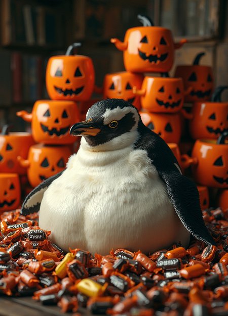 A semi-realistic scene showcasing an obese penguin, its plump body nestled amidst a veritable mountain of discarded candy bar wrappers. The penguin's expression is one of sheepish contentment, its eyes half-lidded as it appears to savor the lingering sweetness on its beak. In the background, a towering stack of empty jack-o'-lantern-shaped candy buckets stands as a testament to the penguin's insatiable sweet tooth. The lighting is warm and inviting, casting a cozy glow over the scene and adding to the sense of indulgence and comfort. The penguin's feathers are rendered with meticulous detail, each one capturing the subtle sheen and texture of its plumage. The overall composition is both humorous and endearing, inviting the viewer to empathize with the penguin's struggle with its own gluttony while also appreciating the whimsical and charming nature of the scene.