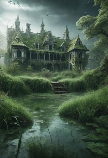 hd, 8k, masterpiece, award winning illustration  of an abandoned mansion covered with grass in a swamp, dungeons and dragons style, fantasy, group of adventurers outside, intricate details, heroic fantasy, spooky, fandist, GhostlyStyle