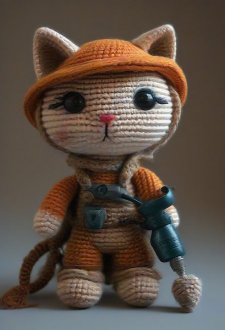 cat using pneumatic drill, cute, happy, by saint exupery, crocheted style