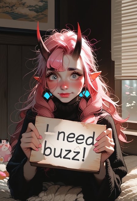 score_9, score_8_up, score_7_up, highly detailed, sharp focus, HD, (1girl:1.4), ((solo)), ((pale skin:1.3)), (cute young oni girl:1.5), need_buzz, holding sign,small sharp horns, (big expressive eyes:1.3), (soft pink blush:1.2), ((long fluffy pastel pink hair:1.4)), slightly messy hair, shy smile, wearing a cozy sweater, (small black horns:1.3), (pointy ears:1.2), (tiny bat wings:1.2), soft freckles, fantasy-inspired outfit, (Japanese-style modern room:1.4), cozy house interior, warm lighting, sitting on a plush futon, hugging a pillow, cute pose, playful expression, charming, soft anime shading, ultra-detailed fabric folds, elegant color balance, soft glowing ambient light
 <lora:Expressive_H:1> <lora:incase-ilff-v3-4:0.6> <lora:MoriiMee_Gothic_Niji_Style_Illustrious_r1:0.7>
