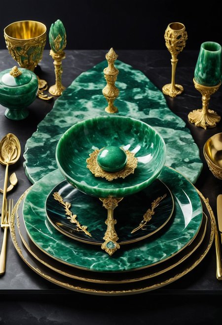 made from jade and obsidian, jade, obsidian,score_9, score_8_up, score_7_up, expensive looking,dining table, noble cutlery, gold, crystal