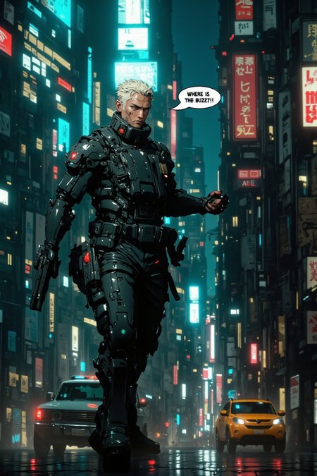 1boy saying on a speech bubble: âWhere is the Buzz?!â!â, building, city, city lights, cityscape, cyberpunk, gun, handgun, holding gun, holster, night, pistol, police, realistic, science fiction, skyscraper, weapon, <lora:FluxMythP0rtr4itStyle:1> mythp0rt <lora:test2:1> nistyle <lora:flux.1_lora_flyway_Epic-detail_v2:1> <lora:CPA:1> anime, cyberpunk,