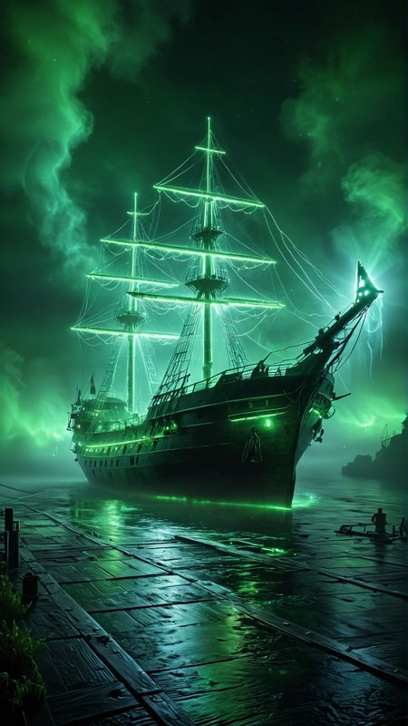 mysterious, a ghostly ship sailing through a foggy night, spectral crew members visible on deck, eerie green glow emanating from the ship, haunting and atmospheric  <lora:neon_style_sdxl:0.8> neonlora, glowing
 <lora:sss:1> sss, translucent, subsurface, scattering
<lora:add-detail-xl:1>
<lora:MJ52:0.35>,
<lora:SDXLFaeTastic2400:0.325>,
(settings by AIDigitalmediaaggency:0.0001),
OverallDetailXL