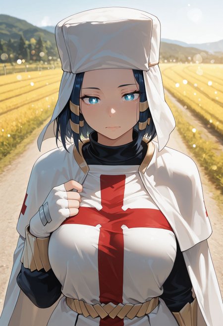 masterpiece,best quality,amazing quality, absurdres, <lora:arrow_fire_force_ilxl_goofy:1>  arr0w, arrow pupils, dark blue hair, blue eyes, white pupils, symbol-shaped pupils,  white headwear, white cape, yellow belt, red cross, long sleeves, white gloves, fingerless gloves, upper body,outdoors,bokeh, rural, road, field, depth of field,