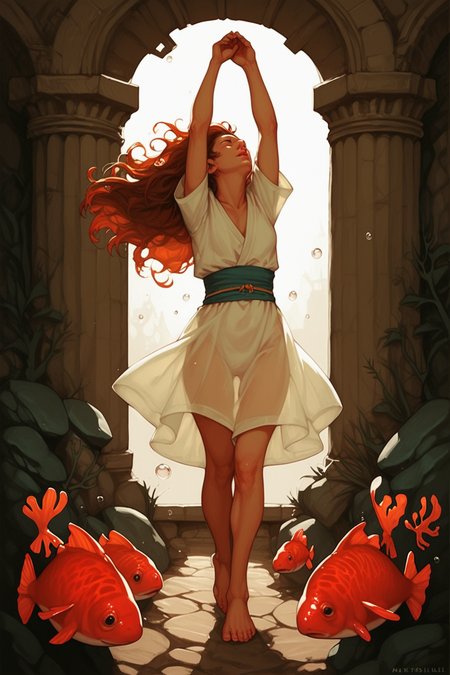 1girl, fish, barefoot, long hair, white dress, dress, bubble, arms up, see-through, looking up, coral, pillar, holding, underwater, air bubble, short sleeves, animal, solo, standing, sash, orange hair, full body, arch, floating hair, ruins, see-through silhouette, brown hair, zPDXL3, detailxl,  Score_PnyReal