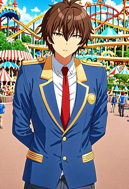 high resolution, solo, best quality, 1Boy, Seiya Kanie, Brownish Hair, Manager, Wihite Shirt, Blue Jacket, theme park, gold aiguillettes, red tie, OverallDetail