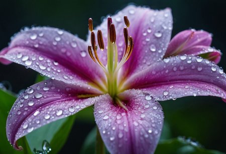 mystical Lilia with morning rain drops, 
Miki Asai Macro photography, 
close-up, 
hyper detailed, 
trending on artstation, 
sharp focus, 
studio photo, 
intricate details, 
highly detailed,