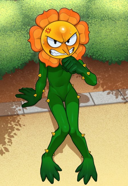 solo, male, plantform, plant boy, 1boy, CagneyCarnation, (orange petals:1.1), yellow face, pointy nose, pac-man eyes, detailed face, perfect eyes, black eyes, large head, round face, masterpiece, hires, absurdres, newest, perfect quality, best quality, ultra-detailed, detailed background, intricate details, 
frown, teeth, (embarrassed:1.2), blush, narrowed eyes, half-closed eyes, looking up at viewer, looking at viewer, angry eyebrows, blush, tsundere, cartoonish anthropomorphic flower, orange bloom, green body, plant-like design, leafy hands, leafy feet, feet resemble leafy vines, (yellow thorns, body thorns:1.2), green stem-like body, (slim, skinny:1.1), narrow hips, full body, sitting, on ground, slouching, arm at side, arm support, hand up, wiping mouth, no penis, cocked hip, sweatdrop, anger vein, 
BREAK 
outdoors, (garden:1.1), flower, bloom, dappled sunlight, high-angle view, from above, shadow, detailed shading, light particles, pollen,