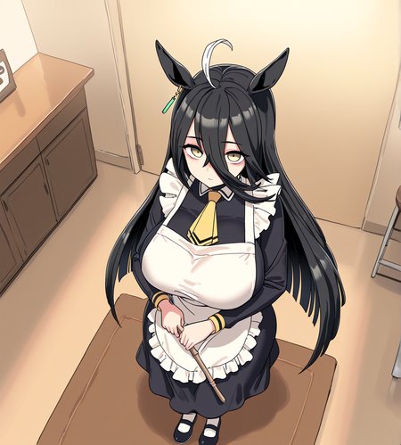 <lora:LUXsumildo:1.2>,1girl, manhattan cafe \(umamusume\), huge breasts, wide hips, umamusume, ahoge, alternate costume, animal ears, apron, ascot, black footwear, black hair, broom, cafe, closed mouth, doormat, enmaided, from above, hair between eyes, holding, holding broom, horse ears, horse girl, indoors, long hair, long sleeves, looking at viewer, maid, maid apron, solo, stool, very long hair, yellow ascot, yellow eyes, 
very awa, masterpiece, best quality, highres, absurdes,amazing quality,very aesthetic,intricate details, <lora:hand 5.5:1>