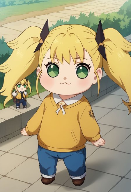 score_9, score_8_up, score_7_up, masterpiece, high details, high res, doro, creature, :3, chibi, KikoruShinomiya,1girl,blonde hair,twintails,green eyes, yellow sweater, jeans,  outdoors, evening