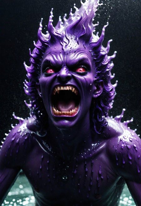 , The play of light on their hair and face, adds a touch of horror turning ordinary droplets into a symphony of aquatic terror, dancing in the realm where water meets its domonic appocalypse , awesome full color, full-body angle, purple DEVIL SPAWN