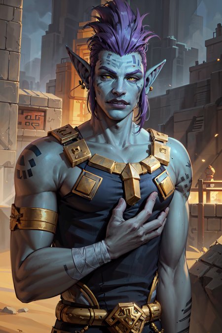 1boy, beautiful hewowtroll, blue skin, facial mark, tattoo, glowing yellow eyes, golden aztec armor with runes and glyphs, pauldrons, bandages, purple hair, mohawk, desert, volumetric lighting, best quality, masterpiece, realistic <lora:sxz-trolls-2:0.7>