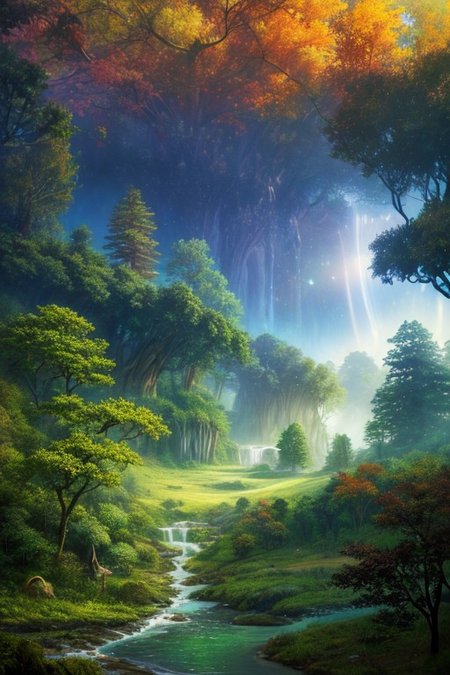 Surreal oil painting,
fantasy forest,
an expansive ancient forest, featuring towering oaks, diverse wildlife, a variety of flora, and a feeling of grandeur,forest lake,waterfalls,
glowwave,
dawn,
thunderstorm, and many small clouds, and slightly cloudy,,,