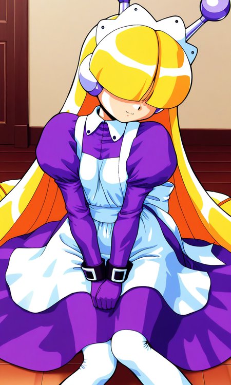 general,highres, ultra-detailed,very aesthetic,best quality ,best hands, BREAK <lora:Tesse_Lombrozo_WakuWaku7_Ver2.1_IS:1>
Tesse_Lombrozo, 1girl, solo, very long hair, blonde hair, bangs, hair over eyes, robot ears, maid headdress, small breasts, 
maid, purple dress, long sleeves, puffy sleeves, white apron, maid apron, juliet sleeves, white thighhighs, purple gloves,  
light smile, sitting, v arms,
room, flooring,