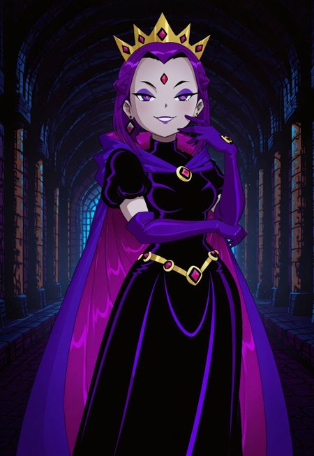 safe_pos, ncnk, aidmaimageupgrader, 1girl, Raven, purple eyes, purple hair, short hair, medium breasts, half updo, crown braid, masterpiece, best quality, absurdres, corruption, dark persona, villainess, gradient eyes, red pupils,
(satin:1.3), shiny clothes, dress, black dress, (high collar:1.3), puffy short sleeves, purple gloves, elbow gloves, high collar cape, spiked choker, spiked clothing, crown, forehead gem, evil brooch, evil gem, evil jewelry, earrings,
purple lips, purple lipstick, purple eyeliner, (purple eyeshadow), evil makeup, piercings,
indoors, underground, dungeon, dark environment, shadows,
feet out of frame, solo, ojou-sama pose, hand to own face, (evil grin), smug,
intricate, highly detailed, majestic, shallow depth of field, movie still, circular polarizer