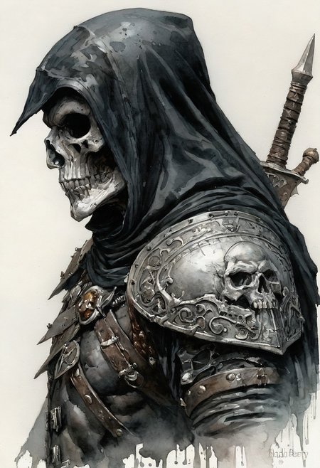 side view of Death Dealer, watercolor style, Ryan Berry style, Steve McDonald style, Michael Garmash style, Adam Hughes style, neutral white background, ultra realistic, hyper detailed, hyper realistic, black ink style, Gustave Dore engravement style