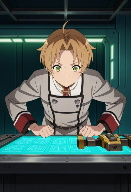 masterpiece, best quality, intricate details, anime screencap, anime coloring, official style, , 1boy, solo, male focus, <lora:rudeus_greyrat_ilxl:0.98>, rudeus_greyrat, blonde hair, green eyes, short hair, bangs, parted bangs, ahoge, mole under eye, , mech workshop, robotic tools, glowing consoles, steel tables, fixing pose, precise expression, metallic lighting,