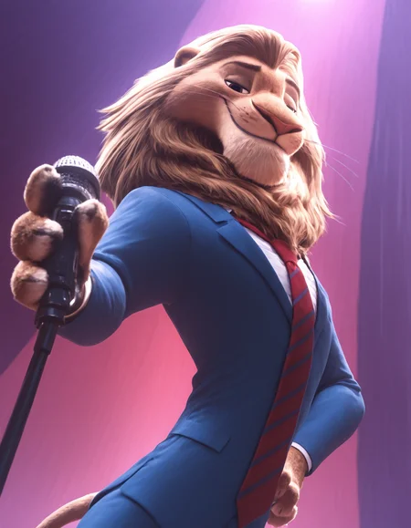 zootopia artstyle,
masterpiece, best quality,
pinup pose, looking at viewer, perfect face, colorful, dramatic angle, unique perspective, unique angle, detailed, intricate details, highres, absurdres, smile, on stage, furry male, solo, lion, lionheart, red necktie, lion tail, whiskers, brown eyes, blue suit, white shirt, brown fur, smug, cowboy shot, closed mouth, microphone,zootopia city, (outside:1.3),
<lora:Zootopia_Art_Style_ill_3D:1>âââ