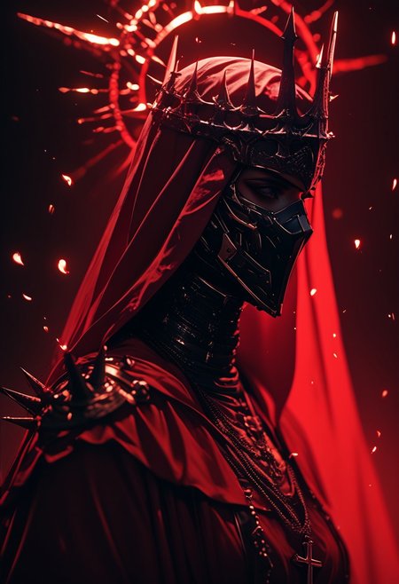 (score_9, score_8_up), score_7_up, 1girl, simple background, jewelry, upper body, hood, necklace, armor, from side, mask, halo, helmet, cross, crown, veil, cloak, red background, spikes, hood up, robe, red theme, covered face, helm
, 
depth of field, blurry background, black background, dark, CINE, embers, 
 <lora:unholy-000009:0.75>   <lora:CINE-000008:0.5>, cyberpunk