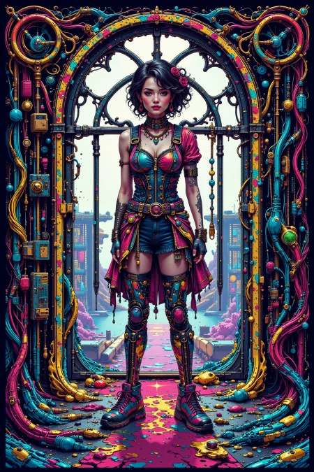 storage room, day, woman, very intricate, very detailed, sharp, bright, colorful, <lora:Hand v2:0.5> <lora:Anti-Blur:1><lora:Insane Detail Slider:0.25>  <lora:flux.1_lora_flyway_Epic-detail_v2:0.3> <lora:fluxenhancer:0.25><lora:ck-Neon-Retrowave:0.4> ck-rw, in the style of ck-rw,  <lora:Neurocore Anime Cyberpunk:0.8> A digital artwork in the style of cknc