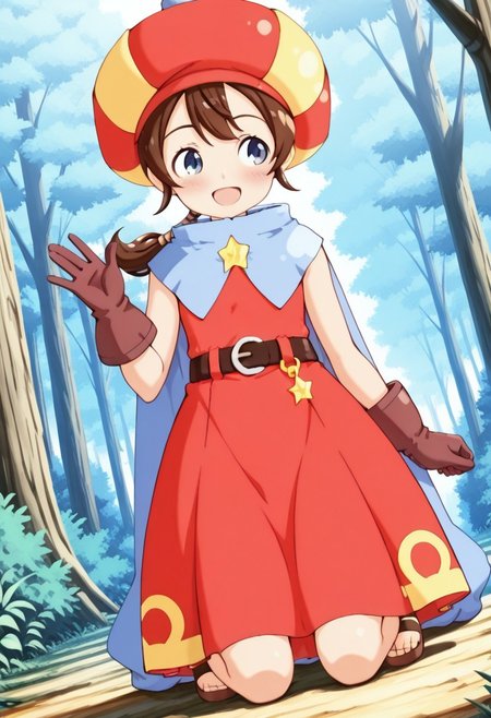 masterpiece,anime_coloring,anime_clothing,amazing_quality, Tokia_DMO, 1girl, gloves, brown hair, ponytail,red yellow hat, star \(symbol\), cape, sleeveless,red dress, long dress,belt,dress skirt,sandals,forest,dynamic angle,open mouth,smile,blush,kneeling close-up face,