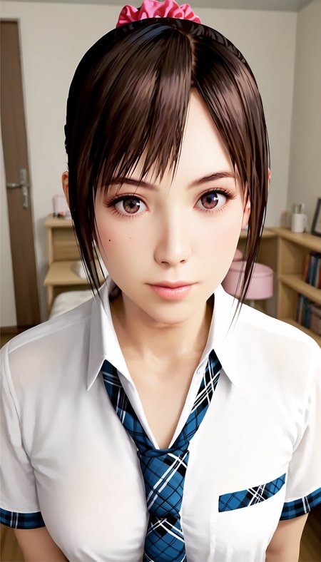 score_9,score_8_up,score_7_up,
<lora:miiyamotoHikari:0.8>,miiyamotohikari,1girl,solo,
vignetting,blurry background,
realistic,black hair,ponytail,bangs,scrunchie,pink scrunchie,
brown eyes,
school uniform,white shirt,skirt,necktie,plaid necktie,blue plaid necktie,
indoors,bedroom,
looking at viewer,rejection,resistance,unhappy,closed mouth,lips,medium breasts,
upper body,portrait,face focus,