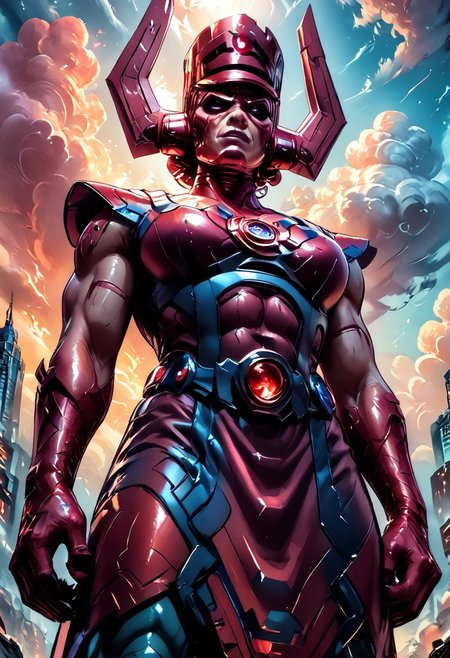score_9, score_8_up, score_8, score_7_up, score_7, rating_safe, 
An anime-style, comic-inspired illustration capturing the head of Galactus looming ominously in the sky above a sprawling modern city skyline at dusk. Towering skyscrapers are dwarfed by his colossal presence, with swirling clouds and a dark, brooding color palette emphasizing the sheer scale and power of this cosmic entity. The mood is foreboding and filled with dread, as the citizens below witness Galactus’s massive, otherworldly form dominating the horizon in dramatic detail