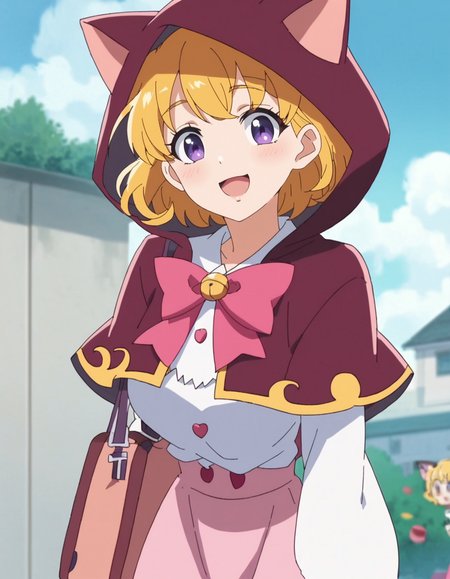 score_9, score_8_up, score_7_up, anime screencap, solo,1girl,asahinamiraimd,school uniform, witch, pink animal hood,cat ears,pink skirt,capelet,suspender,purple eyes,blonde hair,smile, looking at viewer,cowboy shot,large breasts ,blush,open mouth<lora:asahinamiraimd:0.8>