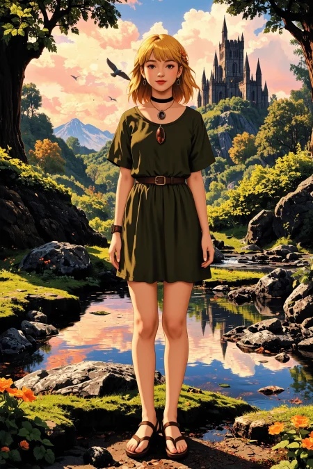 wedge cut yellow hair (young woman), (druid:1.2), anime, illustration, (extremely detailed), (portrait), (standing:1.2), (happy smile), flower in hair, glossy lipstick, celtic necklace, oval earrings, loincloth, (sandals),  Olive Green (druid short dress), (legs), heels, (sharp focus),  fantasy, (beautiful celtic landscape:0.9), (small rock:0.9), (moss:0.4), (ripples, reflections:0.8), celtic  castle, (small river small pond:0.5), druid forest, (druid village:1.2), (stunning nature environment:0.8), (enchanted land:0.5), clovers, (Bright Orange flowers:0.9), leaves,bright (sunny sky), (sunset:0.3), best quality, colorful, wet floor, raytracing, hdr, high contrast, ethereal natural lights, backlight, (lens flare:0.4), shadows, (vibrant colors, colorful):0.6, pretty, beautiful, happy, smiling, feminine, sexy, lovely, in love, adorable, fashion,  <lora:Hand v2:1> <lora:Anti-Blur:1><lora:Insane Detail Slider:0.5>  <lora:flux.1_lora_flyway_Epic-detail_v2:0.3><lora:fluxenhancer:0.5> <lora:RetroAnimeFluxV1:0.4> <lora:Luminous_Shadowscape:0.4>