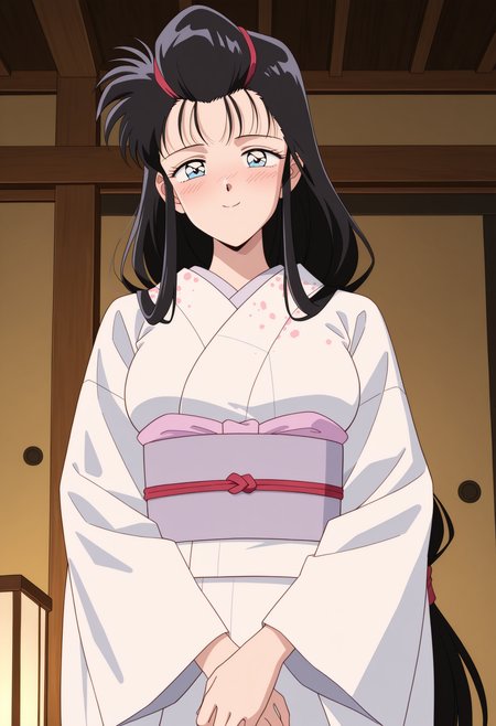 masterpiece, best quality, high resolution, source_anime, highly detailed illustration, detailed eyes,  
very aesthetic, absurdres, newest, amazing quality, 
1girl, solo, retro artstyle, 1990s \(style\), 
<lora:shiYaibaSnakeV1ill:1>,
shissyaib, long hair, black hair, blue eyes, low-tied long hair, 
japanese clothes, white kimono, sash, obi, long sleeves, wide sleeves,
large breasts, 
looking at viewer, blush, smile,