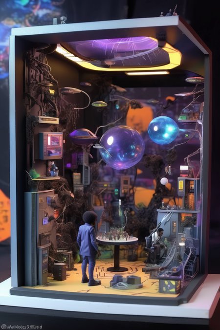 <lora:Diorama:1>Diorama - 6x6 diorama with 3 sides. inside this diorama is an afro futuristic, wakanda scene, afro city, high tech black community, more high tech, high level intelligence and artificial intelligence. populate the scene with more afro scientists, wakanda technology, flying vehicles, african future city
