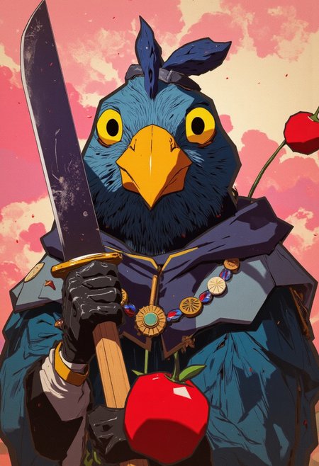 masterpiece, best quality, create a detailed oil painting in a dark fantasy style featuring a pigeon with oversized, bulging yellow eyes, staring intently at the viewer while holding a comically large knife. Incorporate noticeable pencil strokes to add texture to the artwork. The background should be a pink cloud, sunset, providing a contrasting backdrop to the whimsical yet intriguing scene. The artwork should be inspired by the Renaissance, showcasing realism and the qualities of portrait photography. Focus on creating a captivating and imaginative portrayal of this unique character, Cinematic, beautiful, vibrant, masterpiece, 32k, ultra HD, ultra-detailed, amazing quality, amazing artist, sharp edges, detailed textures, full view, atmospheric lighting, amazing visuals