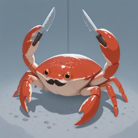 embedding:IllusP0s, g00se, animal focus, no humans, crab, (mustache), close-up, holding weapon in claw, knife,<lora:g00se_v2_ill.safetensors:0.9:0.9>