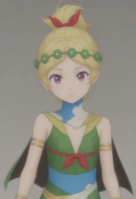 source_anime, anime screencap, source_anime, auratheguillotine, anime screencap, masterpiece, source_anime, shiny skin,,,,,, <lora:zs_DemeterXL:1> demetersmt, blonde hair, ponytail, head wreath, purple eyes, green dress, cleavage, cape, armlet, bracelet,