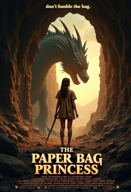 Movie poster for 'The Paper Bag Princess', a live_action film adaptation of the classic children’s book'. A cute gorgeous and fierce looking 18 year old woman wearing an ill-fitting brown paper bag with holes torn in it for her arms and head and holding a sword stands with a heroic stance at the mouth of a rocky cave. Her classic elegant beauty is juxtaposed by her unkempt and dirty visage as well as the ratty and ill_fitting paper bag her arms and legs are bare and slender. The cave is dimly lit behind her but the sun is brightly reflecting off of the outside of the cave, she herself is darkened by the shadow of a huge massive dragon that stands looming behind her, the dragon’s tail can be seen curled at her feet.
The title which is displayed reads: (('The Paper Bag Princess')) is displayed in a classic clear and legible font with brown_paper textures. The tagline is displayed at the top of the poster in a smaller text than the title, it reads: ‘don’t fumble the bag’
The color palette combines the dark, dramatic tones of a modern action fantasy movie with vibrant earthy hues. Hyper-realistic rendering of the Princess and the shadow of the dragon, cinematic lighting emphasizing shadows and  light, mvpstrCE style