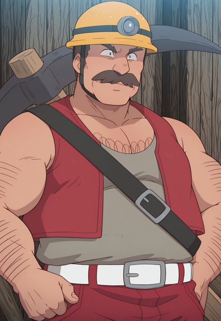 solo, masterpiece, modern, new, 1boy, male, masculine face, daddy looking face, w0lfc0nf

PokemonDozer, short hair, mustache, chest hair, arm hair, hardhat, pickaxe, red vest, shirt, red pants, white belt