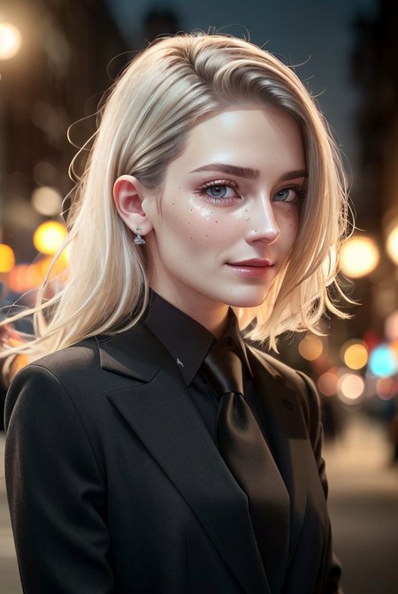 (cowboy shot:1.1), (masterpiece, best quality, high quality, highres, ultra-detailed), lamppost, night, crowd, 
1girl, long hair, platinum blonde hair, green eyes, looking at viewer, light smile, allblacksuit, 
AS-Adult, Asian-Less, SkinHairDetail, <lora:attire_allblacksuit:1>,