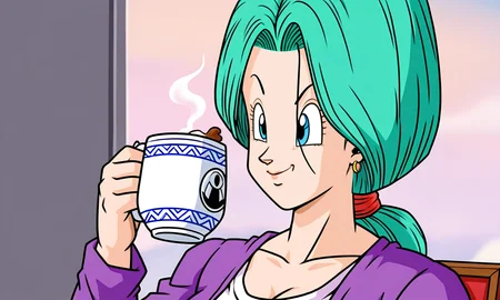 xyzbulma , milf , mature girl , drinking a hot coco cup  ,    <lora:DBZBULMA:0.65>