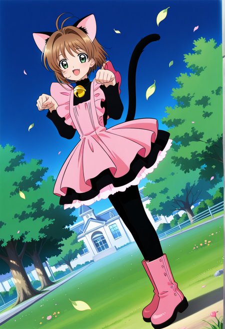 outdoor, trees, grass, cityscape, floating leaves, flowers, night,
BREAK,
{open smile|light smile},
{full body|cowboy shot}, paw pose,
dynamic angle, 
BREAK,
<lora:sakuraS_illustriousXL_v03:0.9>
kinosakupk, short hair, brown hair, ahoge, green eyes, cat ears, black cat ears, 
cat tail, frilled dress, pink dress, long sleeves, black sleeves, jingle bell collar, black dress, 
pantyhose, pink boots, pink footwear, 
sealingwand, holding wand, fuuin no tsue,, source_anime, very aesthetic, anime coloring, masterpiece, 
best quality, amazing quality, ultra detailed, very aesthetic, 
detailed background, 
BREAK,