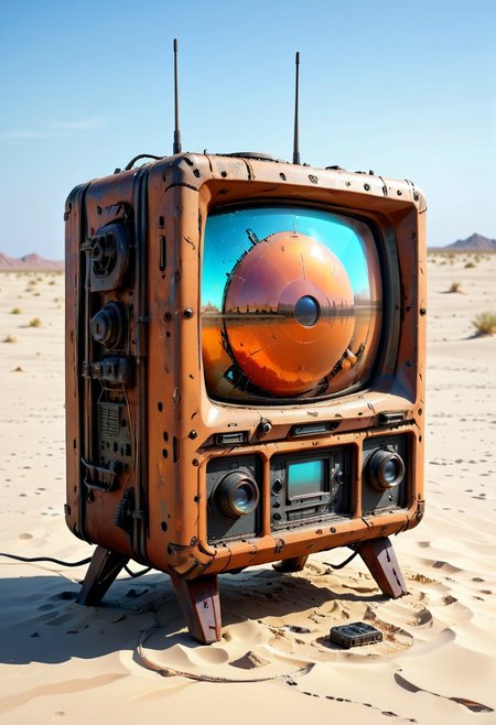 ultra high resolution, masterpiece, best quality, a sci-fi ,  desert, A (rusty) and (broken) retro TV set buried in the sand, in the style of hyper realistic photography. evi@decrepPunk, no human, post-apocalyptic