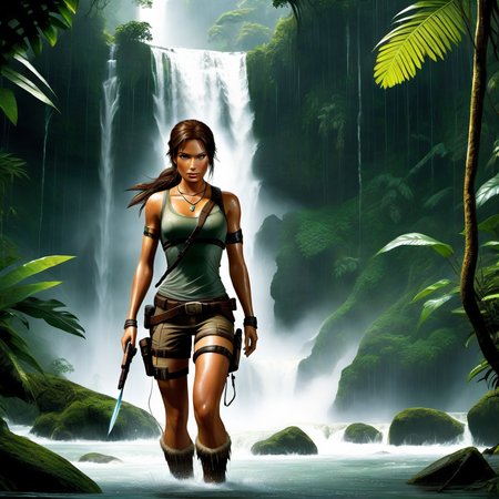 Lara Croft, drenched from the rain in a dense jungle, meticulously repels down a cascading waterfall. Around her, the jungle comes alive with the sounds of wildlife. The shimmering water crashes, revealing hidden pathways and ancient temple ruins glowing with a faint, mysterious light. Every lightning flash briefly reveals lurking shadows and secrets waiting to be uncovered.