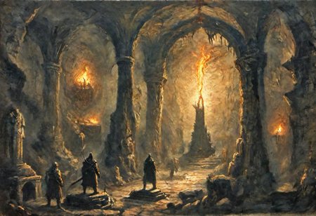 a silhouette standing in the middle with a torch, mines of moria underground, carved statues, abstract temple in the unthinking depths, 
overgrown cave and ruined walls, Nordic dungeon, cave ruins concept art, demonic runes and incantations carved into the dark souls catacomb, Skyrim, the elder scrolls, arx fatalis, dungeons and dragons,