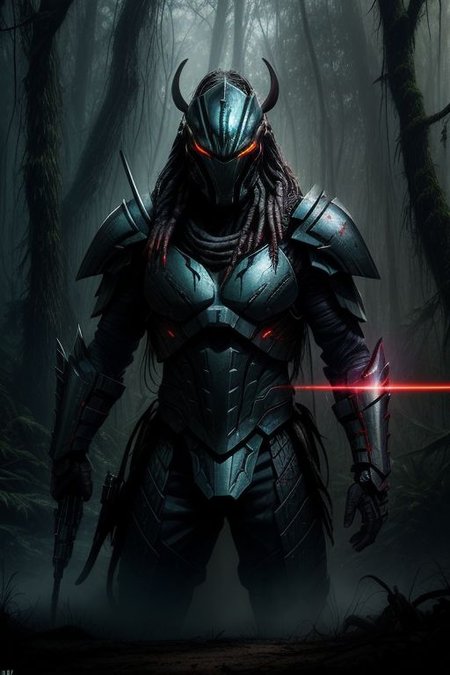 Amazing scene of Predator, fully armored Yautja,  badass helmet with war paint, misty forest setting, epic lighting, 
Predator has advanced laser targetting system deployed from his shoulder armor, the laser is aimed at the viewer's crotch, 
highest quality, focused, clear,